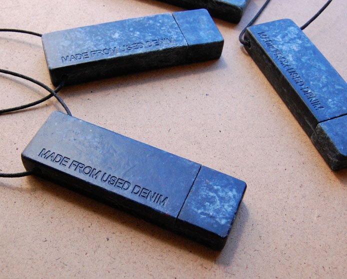 Denimite USB drives, backs with molded-in text